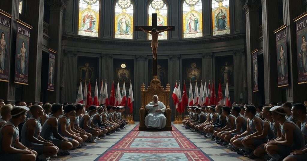 Kard. Robert Prevost jako rzekomy papież Leon XIV w audiencji z olimpijczykami w Watykanie