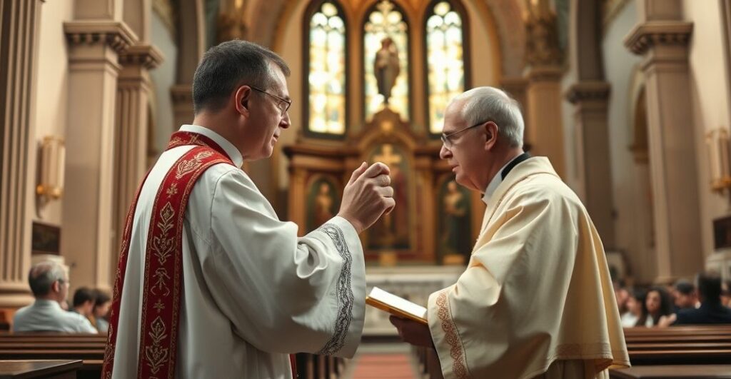 Reverent Catholic priest udzielający Komunii Świętej na język w tradycyjnym kościele, podkreślający wierne i pełne szacunku podejście do Eucharystii.