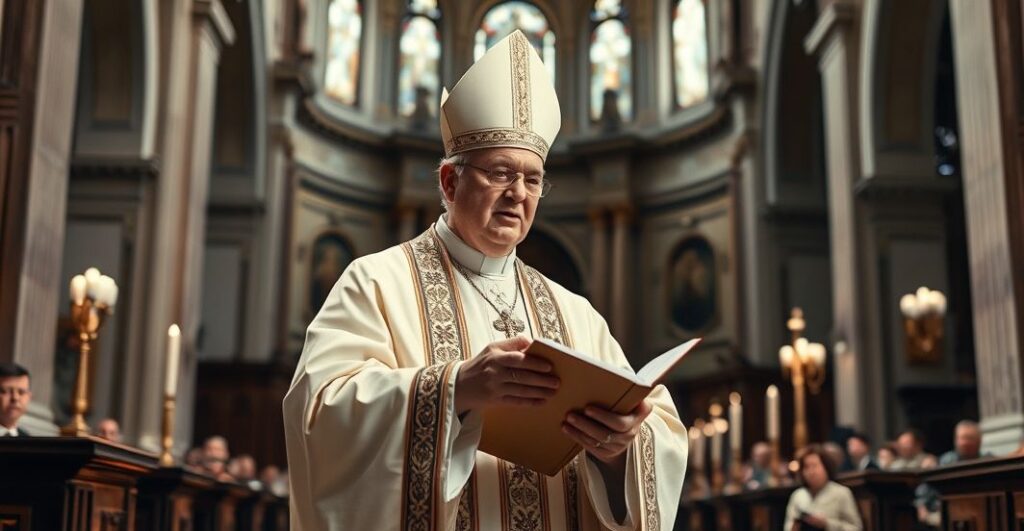 Kardynał w tradycyjnym stroju katolickim głosi kazanie w świątyni, symbolizując wierność katolickiemu nauczaniu