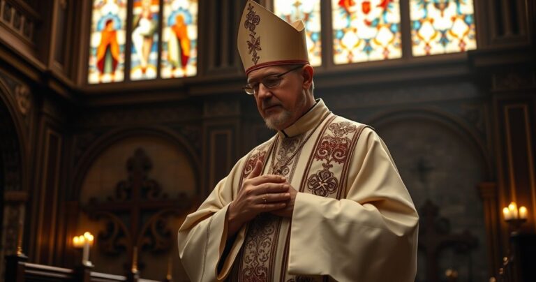 Kardynał w tradycyjnych szatach liturgicznych podczas modlitwy w katedrze, symbolicznie oddający szacunek dla życia i śmierci w duchu katolickim
