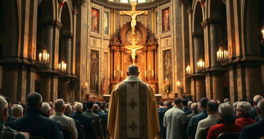 Ksiądz katolicki w tradycyjnym ornacie przed ołtarzem z krzyżem w zabytkowym kościele, podkreślającym wiarę i pokorę.