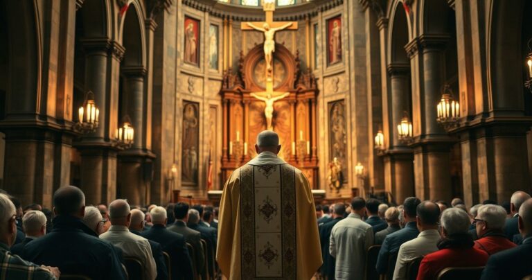 Ksiądz katolicki w tradycyjnym ornacie przed ołtarzem z krzyżem w zabytkowym kościele, podkreślającym wiarę i pokorę.