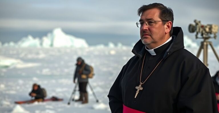 Kardynał w sutannie z lodowym tle Antarktyki, symbolizujący katolicką krytykę nauki bez Boga