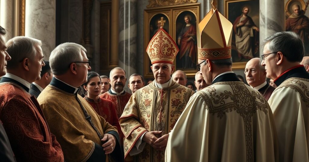 Szanowny biskup w tradycyjnych szatach podczas audiencji, wyraz powagi i refleksji, symbolizujący odrzucenie modernistycznej herezji w Kościele katolickim
