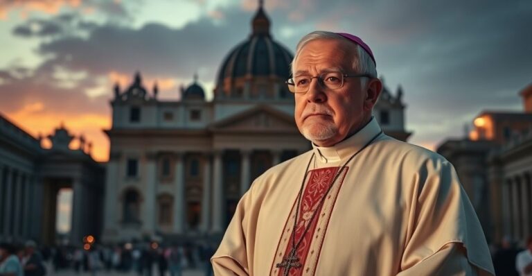 Kardynał z poważnym wyrazem twarzy stojący przed Bazyliką św. Piotra, symbolizujący troskę o świętość i tradycję Kościoła katolickiego w obliczu modernistycznych profanacji.