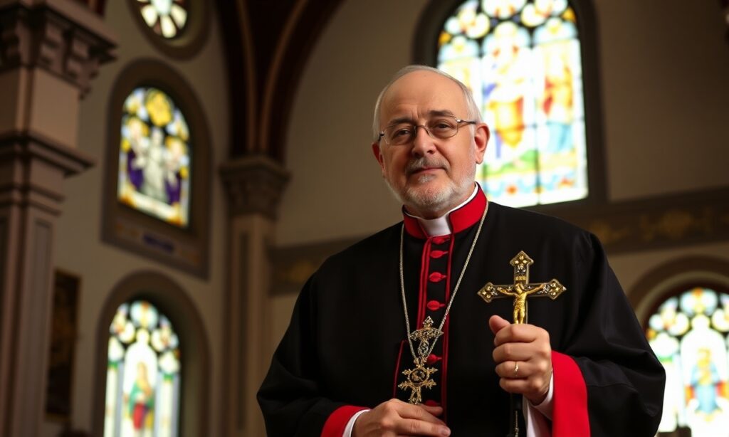 Kardynał Bechara Boutros al-Rai w tradycyjnym stroju kardynalskim stojący w kościele maronickim z krzyżem w ręku