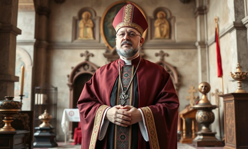 Kardynał Bechara Boutros al-Rai w modlitwie w tradycyjnym katolickim otoczeniu