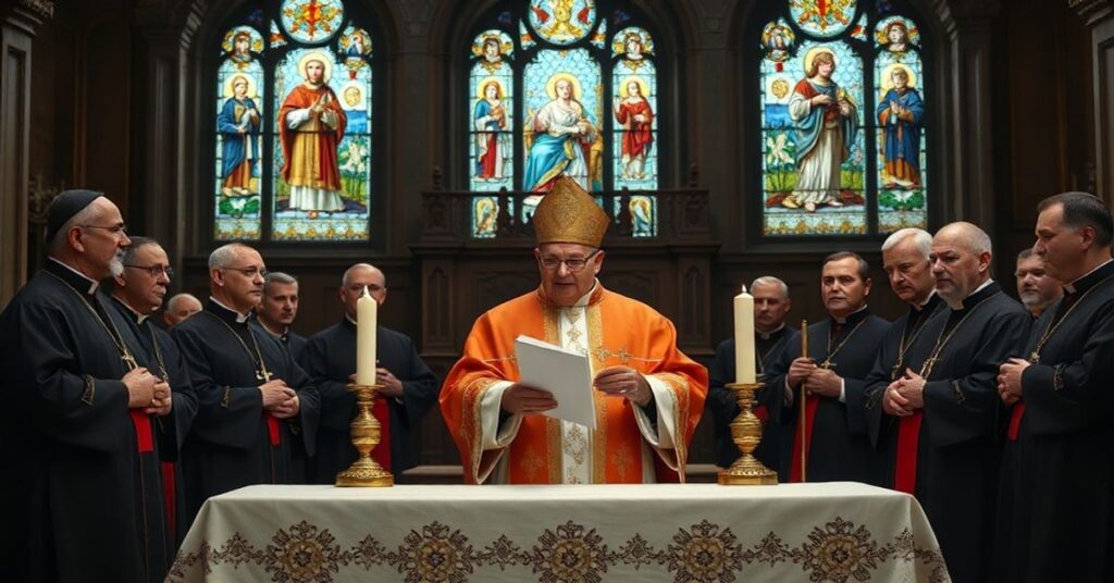 Kardynał Robert Bellarmin przed grupą duchownych Ormiańskiego Kościoła Apostolskiego w tradycyjnym kościele katolickim, z akcentem na kontrast między prawdą a schizmą.