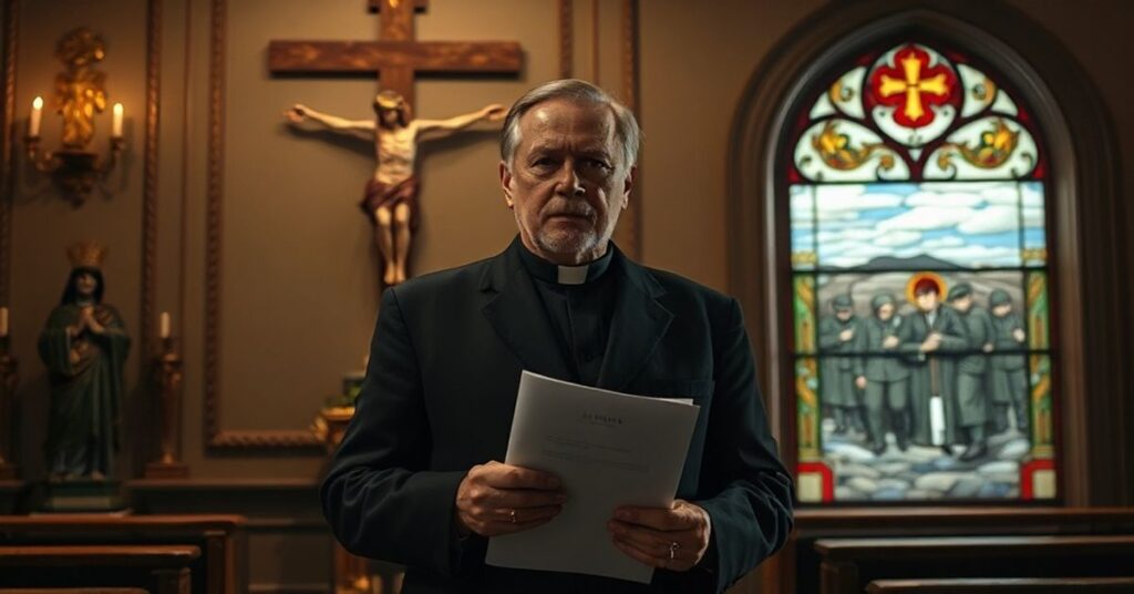 Portret kardynała Timothy'ego Broglio w kościele wojskowym z widokiem na wojnę w Grenlandii