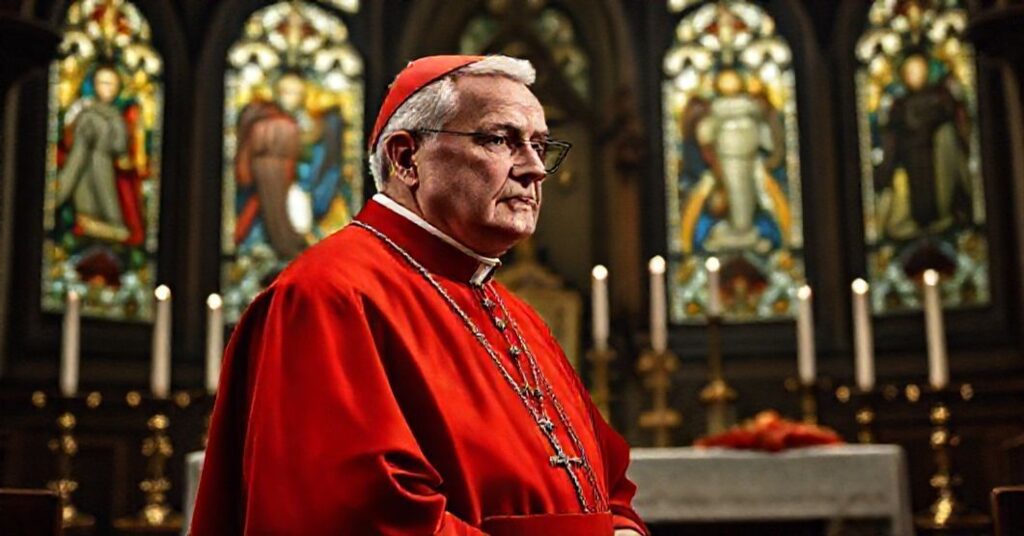 Portret Kardynała Raymonda Leo Burka przed ołtarzem w kaplicy neogotyckiej