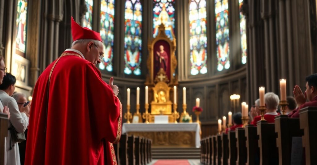 Kardynał modlący się przed Mszą Trydencką w gotyckiej katedrze - tradycja katolicka kontra herezja modernizmu
