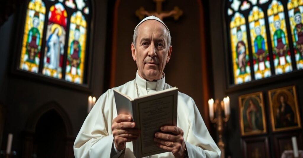 Kardynał w tradycyjnych szatach kościelnych trzymający encyklikę Casti Connubii w kościele z witrażami