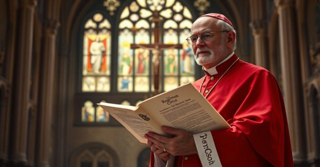 Kardynał w tradycyjnym stroju kościelnym przed katedrą z witrażami przedstawiającymi Chrystusa Króla