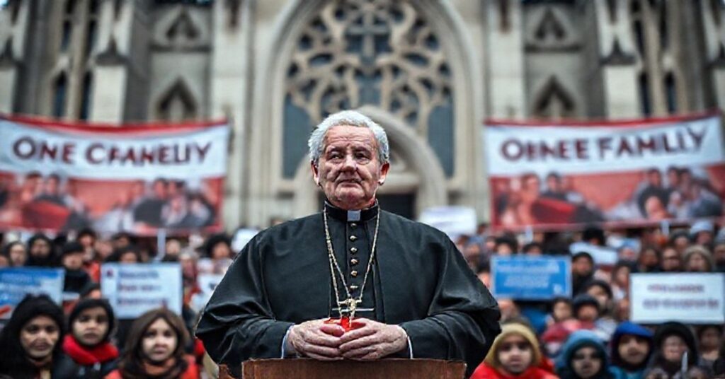 Zdjęcie przedstawiające fałszywego "kardynała" Blase'a Cupicha przemawiającego do tłumu w przedzie nowoczesnej katedry z hasłem "One Church One Family"