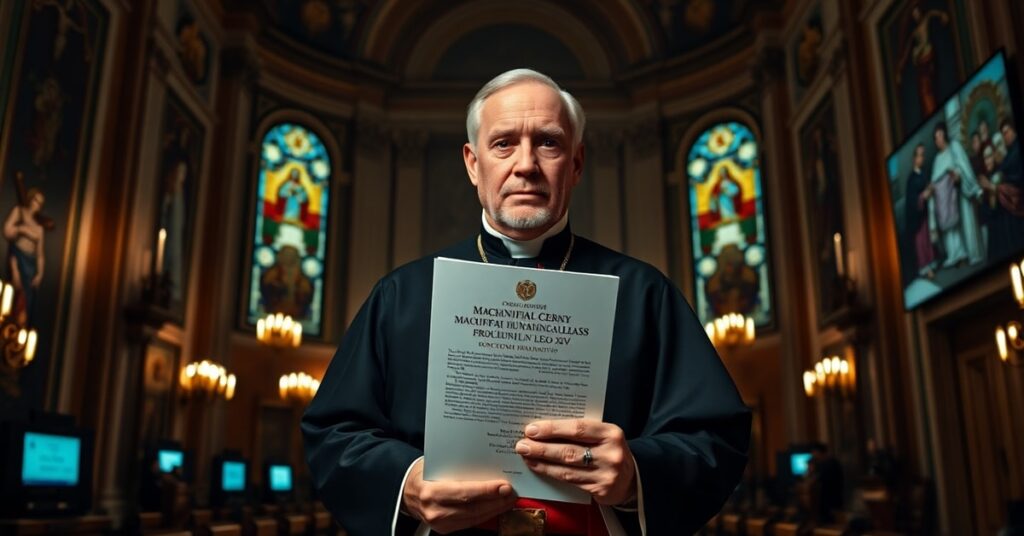 Kardynał Michael Czerny trzymający fałszywą encyklikę 'Magnifica humanitas' w tradycyjnym wnętrzu Watykańskim.