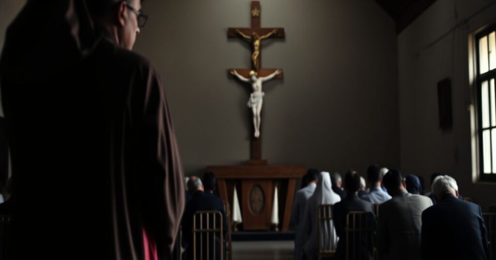 Tradycyjny katolicki ksiądz w szata liturgicznych, z blurzowaną postacią kardynała Czerny w tle, w kaplicy w Bangladeszu.