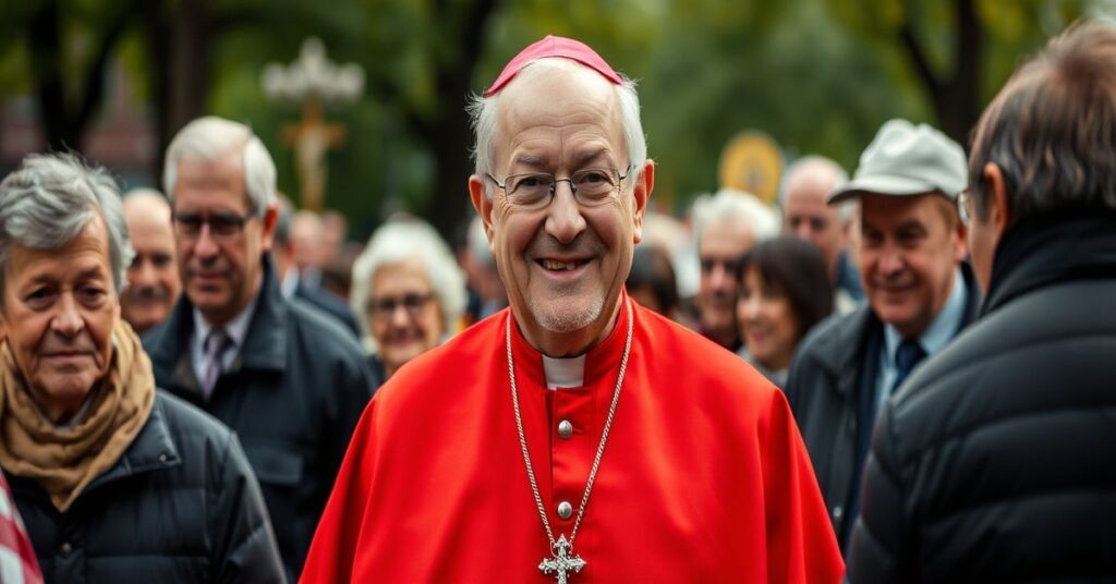 Obraz przedstawiający "kardynała" Timothy'a Dolana jako "duchowego dziadka", symbolizujący upadek autorytetu katolickiego i redukcję kapłaństwa do roli społecznej.