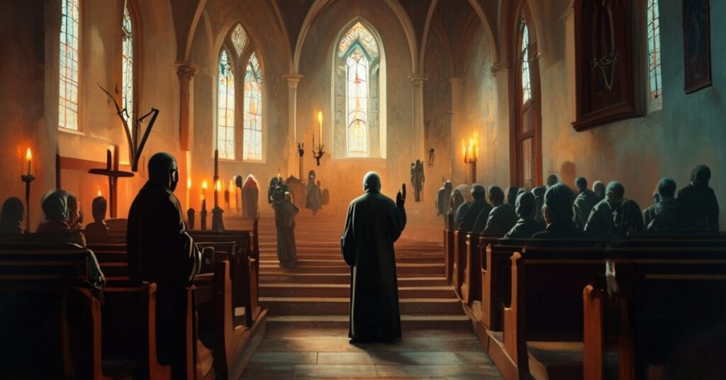 Pusty kościół tradycyjny z krzyżem i świecami, na pierwszym planie osoba robi znak krzyża z pobożnością