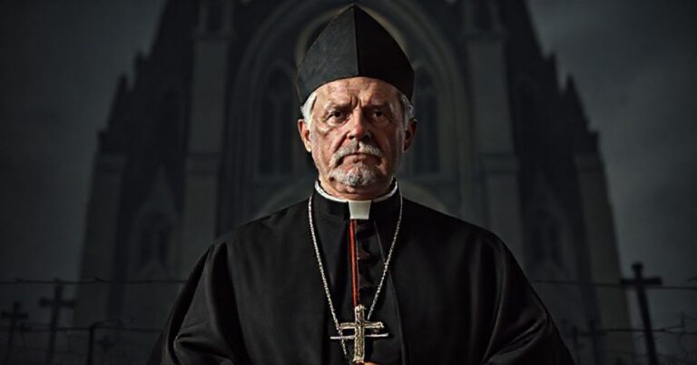 Portret kardynała Dominika Duki w tradycyjnym habicie dominikańskim przed ciemnym gotyckim katedrą, symbolizujący kryzys w Kościele po Soborze