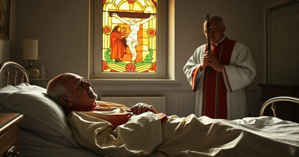 Stary kardynał w szpitalu modli się w obecności kapłana w tradycyjnych szatach. Scena jest pełna powagi i nabożeństwa.