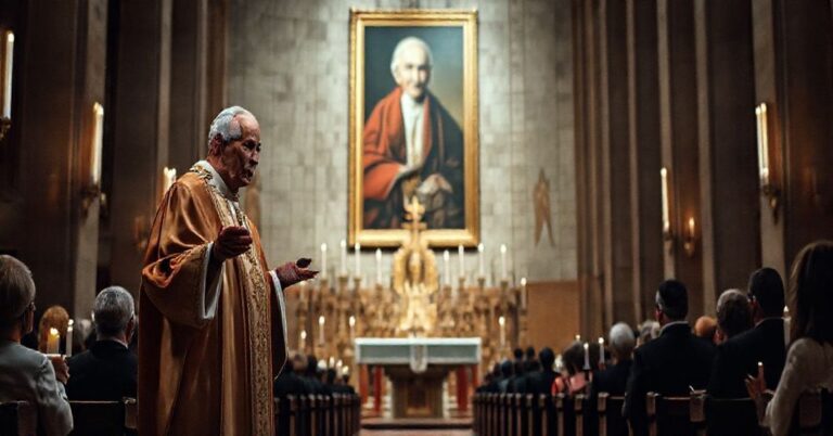 Kardynał w tradycyjnych szatach liturgicznych podczas kazania w sanktuarium z portretem papieża na tle, symbolizującym konflikt między tradycją a modernizmem.