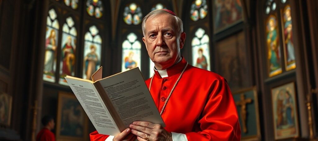 Kardynał Willem Eijk w tradycyjnych szatach kardynalskich trzyma raport synodalny o relacjach jednopłciowych w katedrze z witrażami.