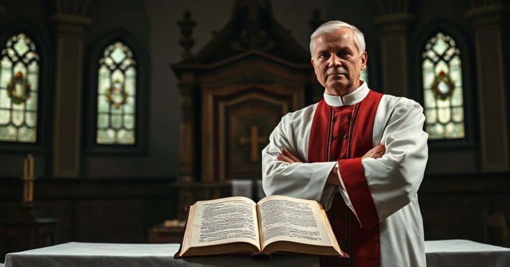 Ksiądz w tradycyjnych szatach stojący przed zamkniętym tabernakulum w kościele przedwatykańskim