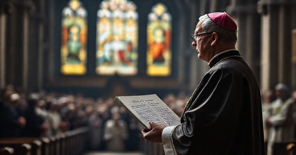 Kardynał w tradycyjnych szatach kościelnych trzyma dokument o ekumenicznym apelu religijnym, z wyraźnym wyrazem obawy na twarzy.
