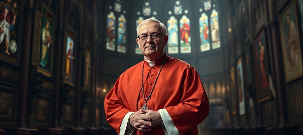 Obraz przedstawiający kardynała Emila Paula Tscherriga w tradycyjnych szatach kościelnych stojącego w gotyckiej katedrze z witrażami.