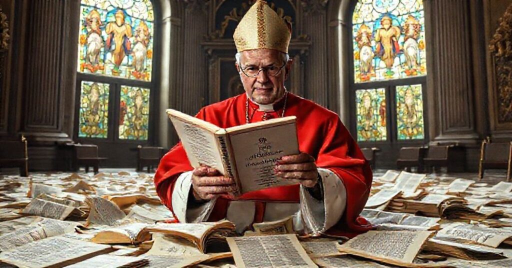 Kardynał Víctor Fernández trzymający pornograficzną książkę w Watykanie, symbolizującą upadek moralny współczesnego Kościoła