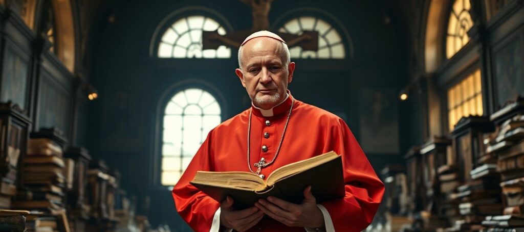 Kardynał w tradycyjnych szkarłatnych szatach stoi w świetlisku watykańskich regałów pełnych starych ksiąg. Poważna twarz wyraża głęboki namysł nad dokumentem na temat przekazywania wiary. W tle wiszący krzyż przypomina o prawdzie boskiej. Scena wypełniona architektoniczną grandioznością Watykanu.