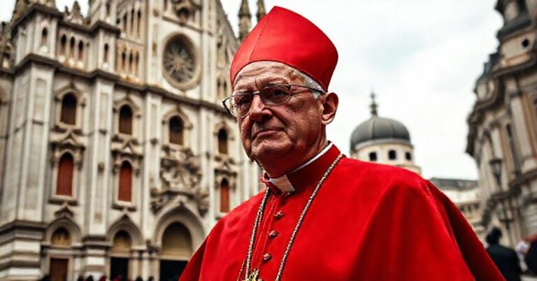 Portret kardynała George'a Pella przed katedrą katolicką z symboliką modernizmu