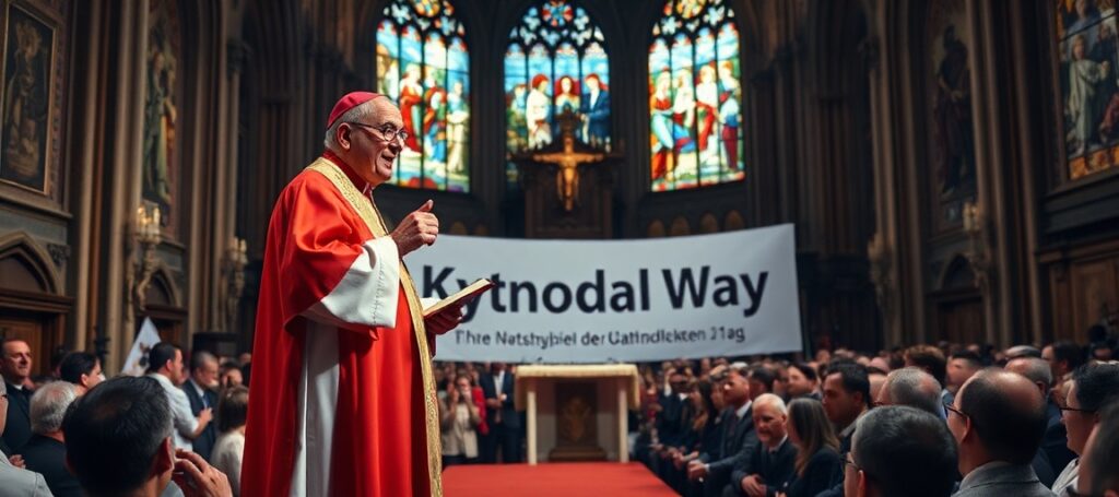 Kardynał Mario Grech na scenie podczas festiwalu Katholikentag, twierdząc, że Duch Święty inspirował heretycki niemiecki "Drogę Synodalną".