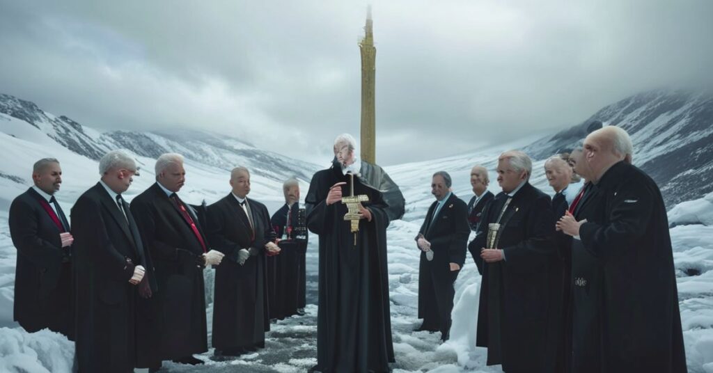 Kardynał w tradycyjnych szatach modlitwy przed liderami światowymi na tle Grenlandii