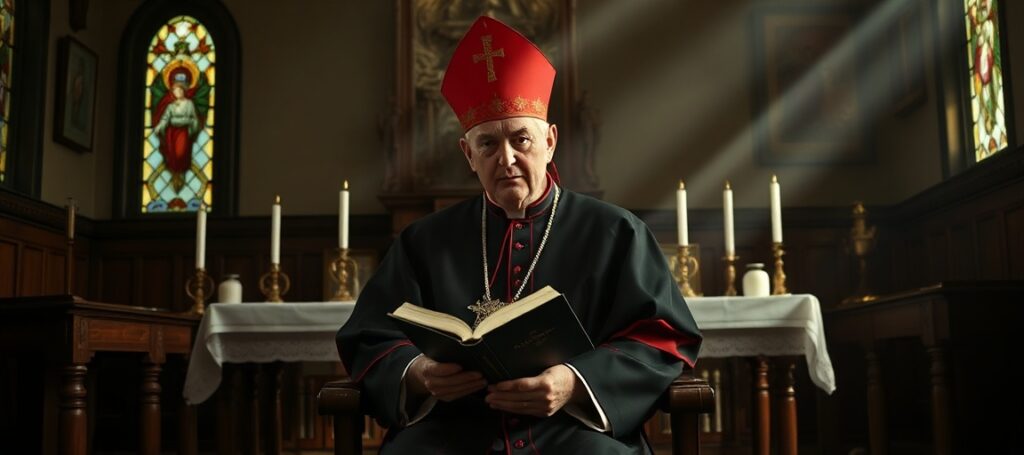 Kardynał Grzegorz Ryś w tradycyjnym kaplicy katolickiej z wyraźnymi symbolami herezji synodalnych