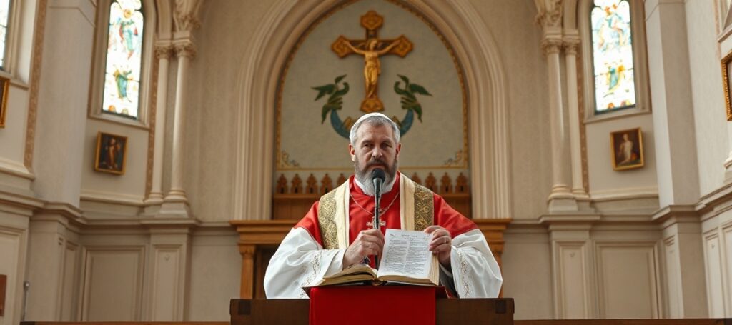 Kardynał Grzegorz Ryś przed ołtarzem z Biblią i dokumentami deistycznymi symbolizującymi jego herezję.