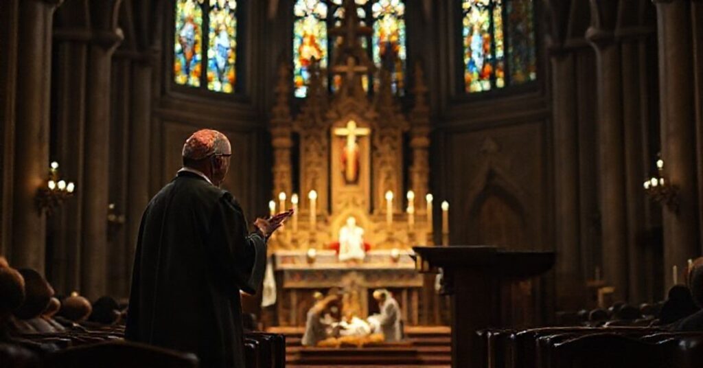 Kardynał Grzegorz Ryc w katedrze na Wawelu podczas kazań, przedstawiający fałszywą ewangelię pokoju