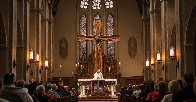 Kardynał Grzegorz Ryś na tle bazyliki z modernistycznym krzyżem z drewna migrantów i symbolami ekumenizmu