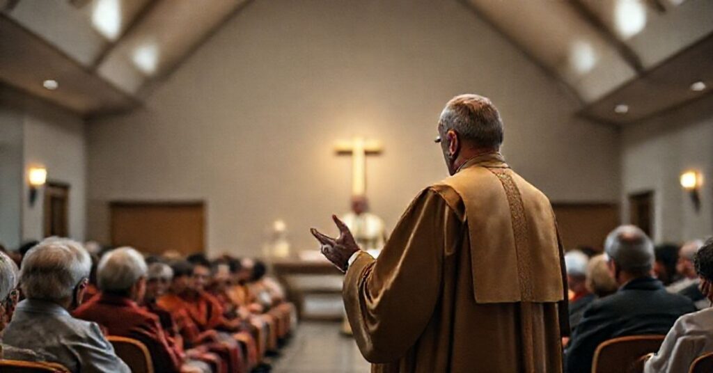 Kardynał Grzegorz Ryś podczas homilii w modernistycznej kaplicy Hospicjum Domowego "Caritas" w Archidiecezji Łódzkiej