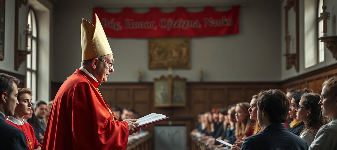 Kardynał Grzegorz Ryś przemawia do uczniów Liceum św. Rity w Krakowie przed banerem bez Krzyża Chrystusa