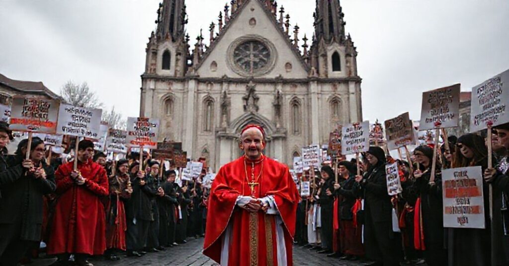 Solemne zdjęcie kardynała Grzegorza Rysia przed Bazyliką Mariacką w Krakowie, otoczonego przez wiernych protestujących przeciwko modernizmowi w Kościele.
