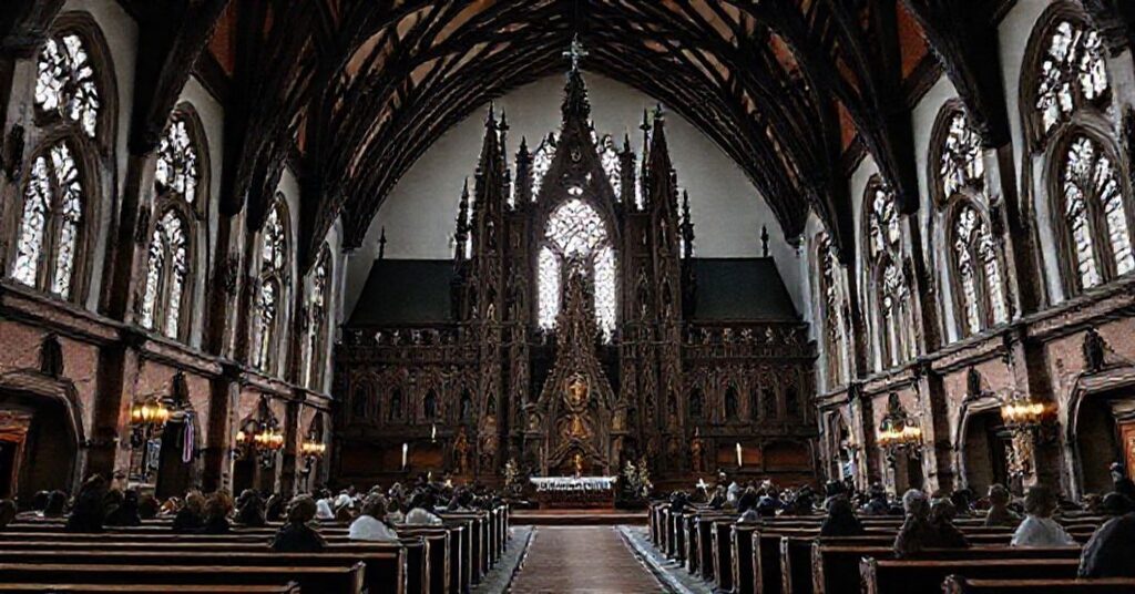 Kardynał Grzegorz Ryś w tradycyjnym ornacie kapłańskim przed ołtarzem w katedrze na Wawelu.