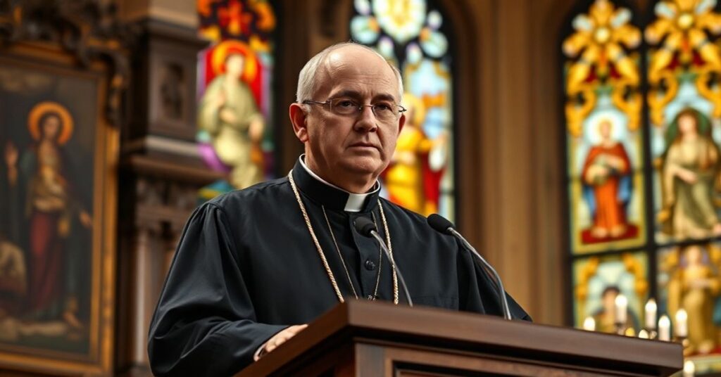 Portret kardynała Grzegorza Rysia podczas przemówienia do prawników w Krakowie z tłem katedry i tradycyjną sztuką sakralną.