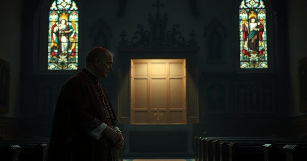 Wnętrze tradycyjnego kościoła katolickiego, kardynał w pełnym stroju liturgicznym przed ołtarzem, pusty konfesjonał w tle