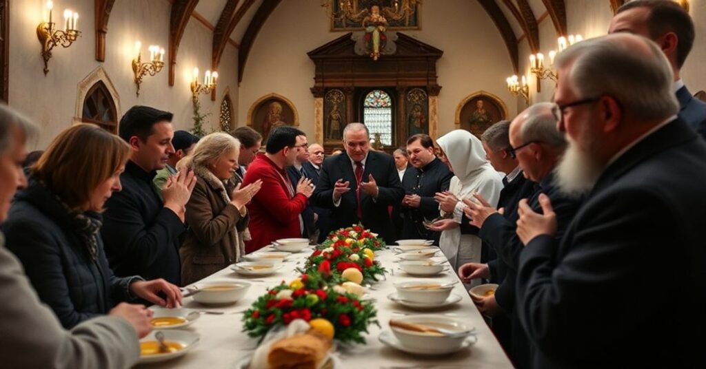 Scena z wigilijnego spotkania w Starej Zajezdni w Krakowie organizowanego przez Caritas Archidiecezji Krakowskiej z udziałem "kardynała" Grzegorza Rysia. Zdjęcie przedstawia naturalistyczną dekorację bez widocznych sakramentów lub symboli religijnych.