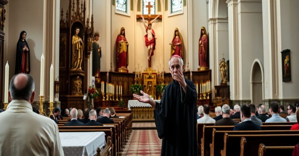 Wewnątrz bazyliki na Zatybrzu podczas mszy św. Kardynał Grzegorz Ryś głoszący kazań o "kochaniu Kościoła takiego jaki jest"