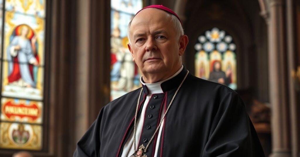 Zdjęcie przedstawia Kardynała Grzegorza Rysia w tradycyjnych szatach liturgicznych w historycznym kościele.