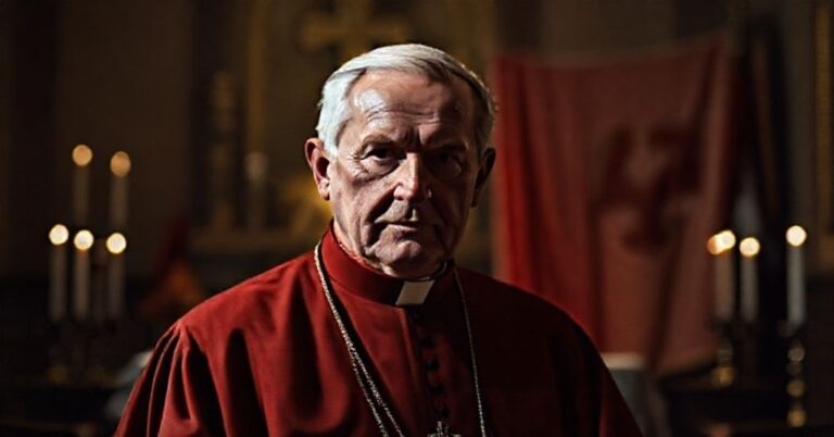 Portret Kardynała Augusta Hlonda w tradycyjnym stroju kościelnym, stojącego w kaplicy z wotywnymi świecami. W tle widoczne są symbole przedsoborowego katolicyzmu i rozmyte postacie późniejszych hierarchów.