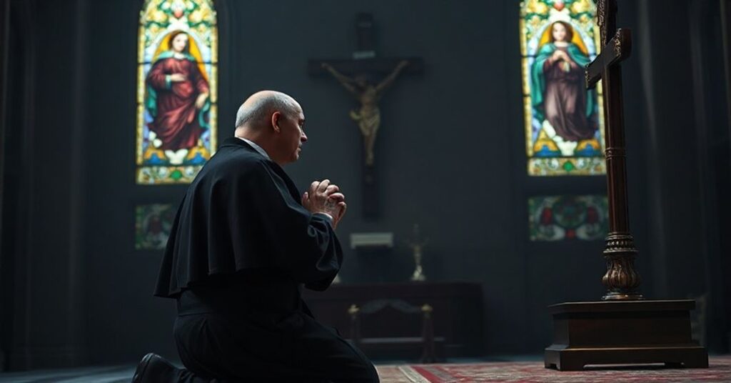 Poważny katolicki ksiądz w ciemnym ornacie modli się przed krzyżem w cichej kaplicy z witrażami przedstawiającymi Maryję