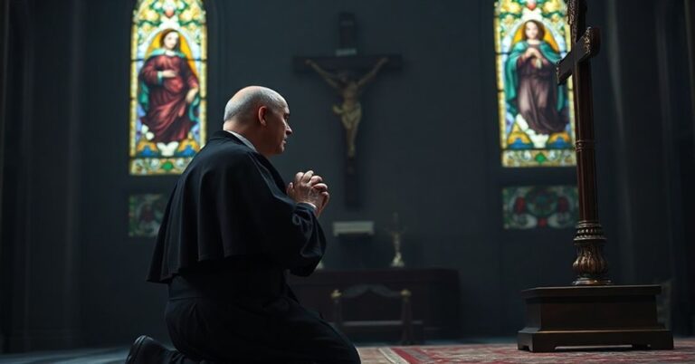 Poważny katolicki ksiądz w ciemnym ornacie modli się przed krzyżem w cichej kaplicy z witrażami przedstawiającymi Maryję